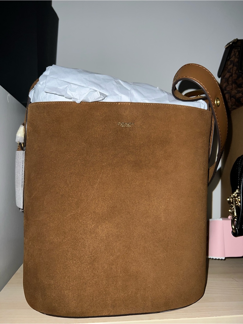 Coach Suede Bucket Shoulder Bag in Brown with Brass Accents